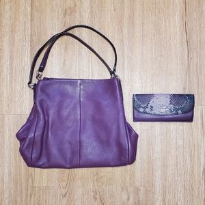 Coach phobe shoulder bag and matching slim wallet leather purple/snake print